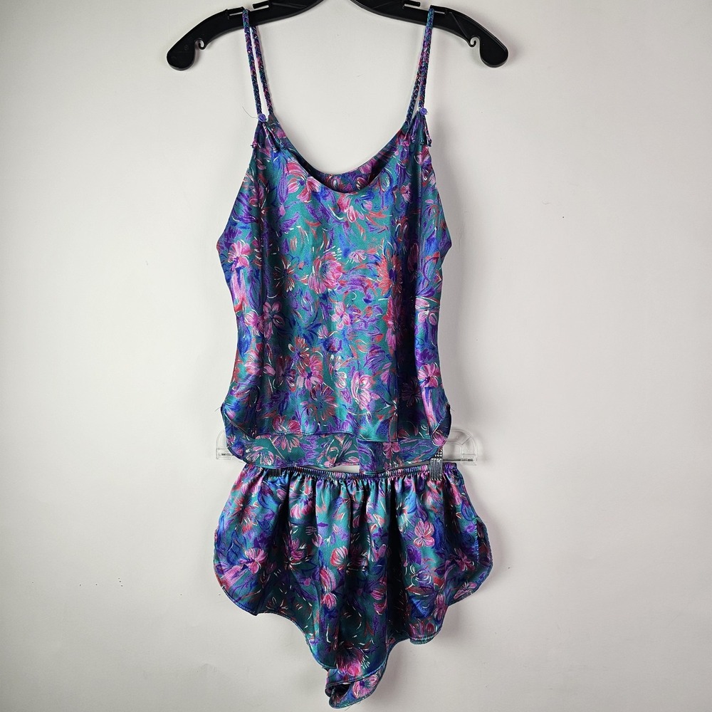 California Dynasty VTG Pajama Set Blue Medium Satin Camisole Shorts Sleepwear